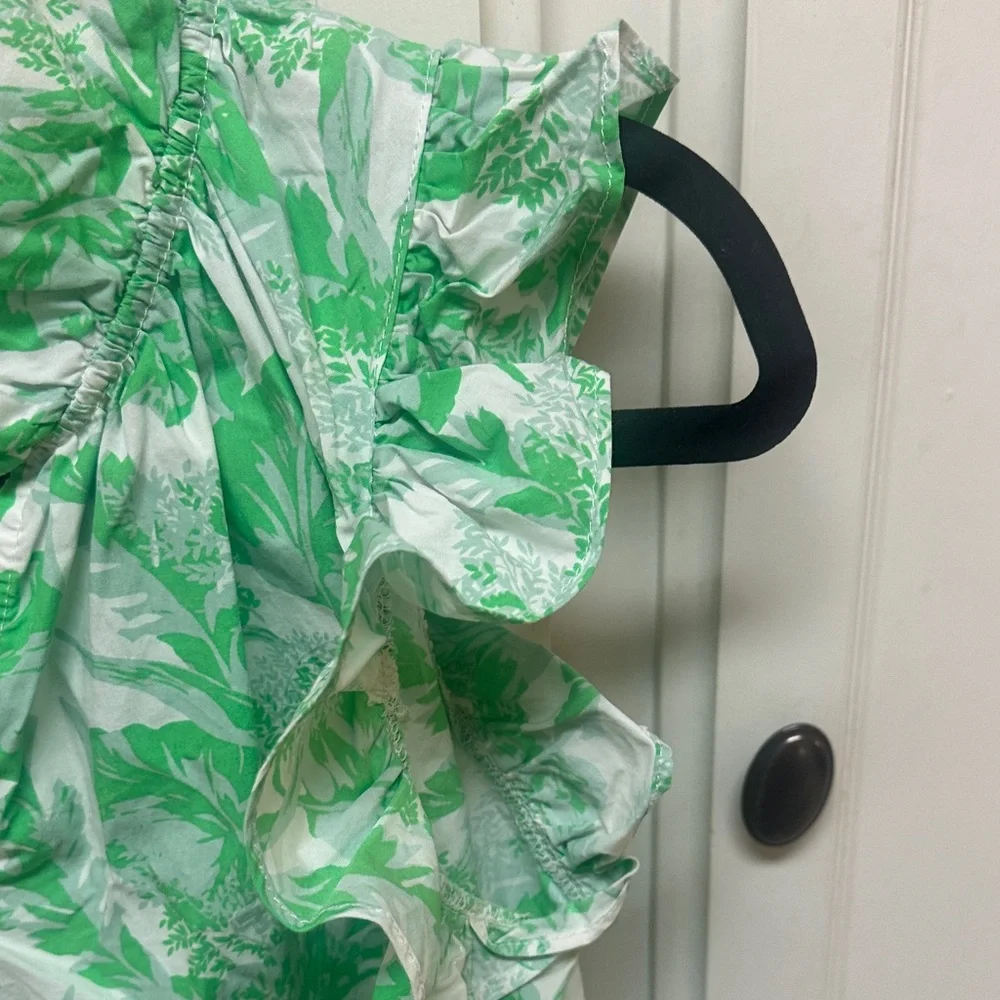 Olivaceous White and Green Floral Ruffle Sleeve Blouse - Picture 3 of 4